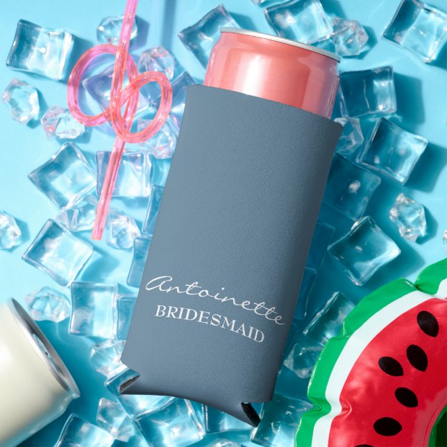 Modern Minimalist Dusty Blue Bridesmaid Script Seltzer Can Cooler (In Situ Summer)