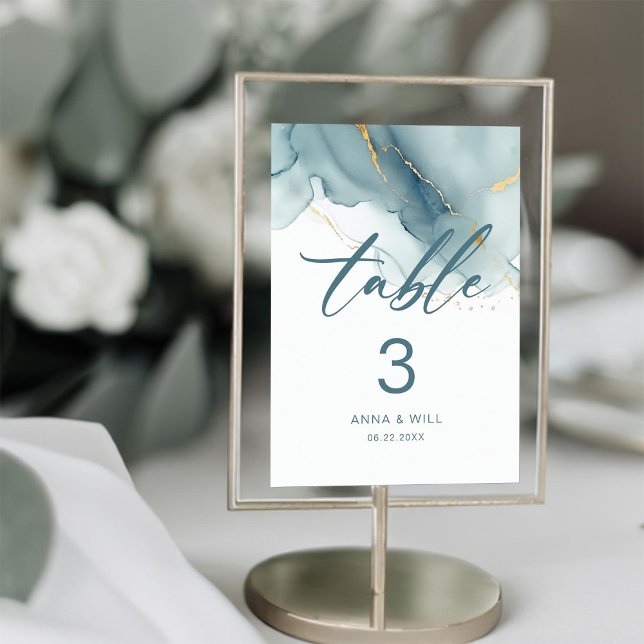 Modern Minimalist Dusty Blue Gold Beach Wedding Table Number (dusty blue modern beach wedding table number elegant bohemian romantic summer chic gold)