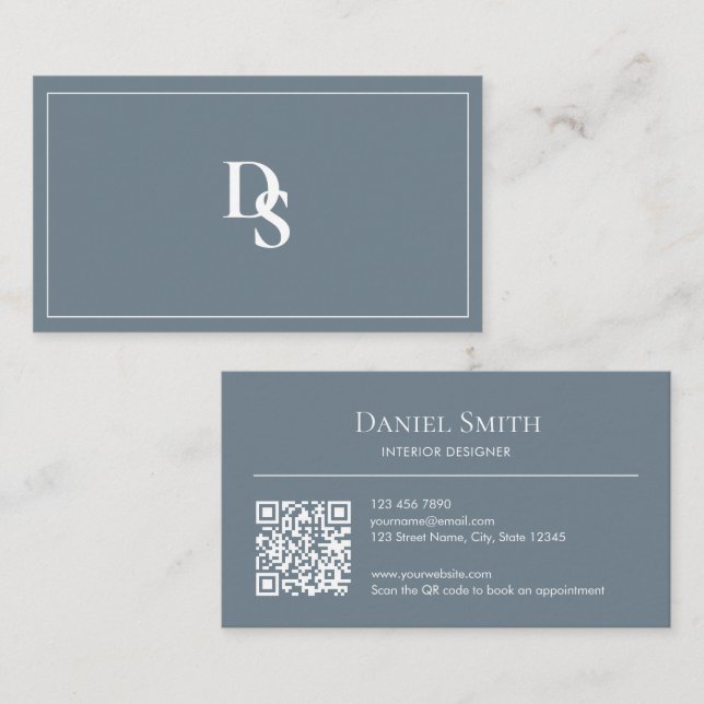 Modern Minimalist Dusty Blue Initials QR Code Business Card (Front/Back)