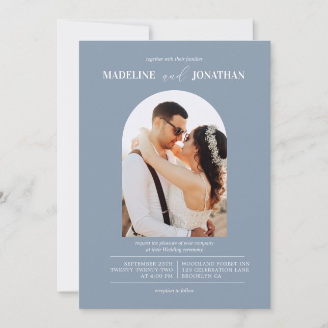 Modern Minimalist Dusty Blue Photo Arch Wedding Invitation (Front)