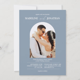 Modern Minimalist Dusty Blue Photo Arch Wedding Invitation