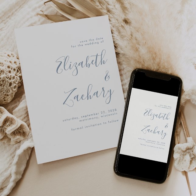 Modern Minimalist Dusty Blue Script Save the Date Announcement (Creator Uploaded)