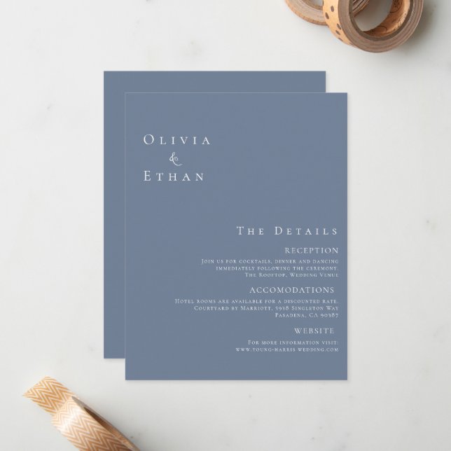 Modern Minimalist Dusty Blue Wedding Details Card (Front/Back In Situ)