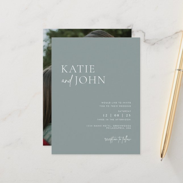 Modern Minimalist Dusty Blue Wedding Photo Announcement Postcard (Front/Back In Situ)