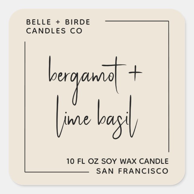 Modern Minimalist Ecru Script Candle Packaging Square Sticker (Front)
