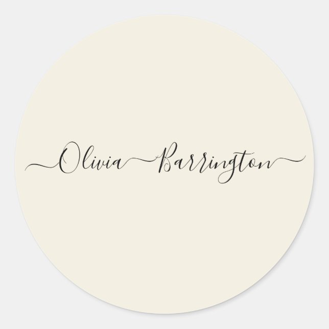 Modern Minimalist Ecru White Script Custom Name Classic Round Sticker (Front)