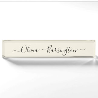 Modern Minimalist Ecru White Script Custom Name Nameplate
