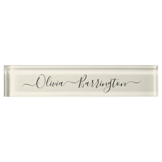 Modern Minimalist Ecru White Script Custom Name Nameplate (Front)