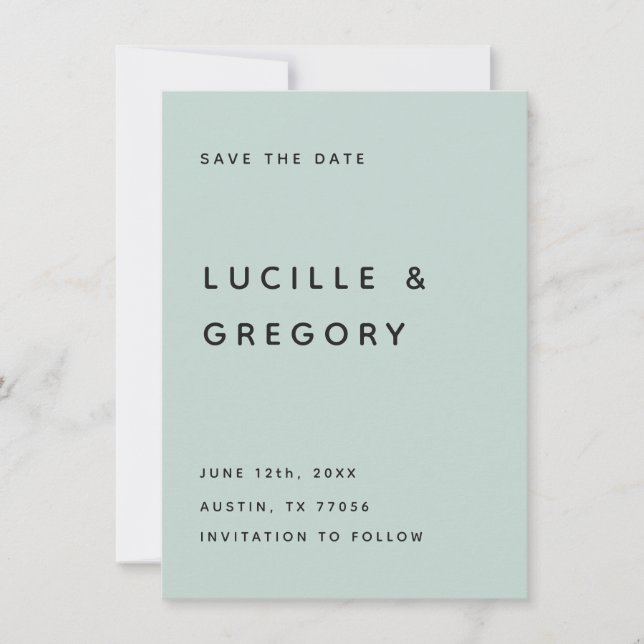 Modern Minimalist Editorial All Caps Seafoam Save The Date (Front)
