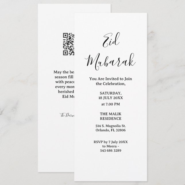 Modern Minimalist Eid Mubarak Invitation | QR Code (Devant / Derrière)