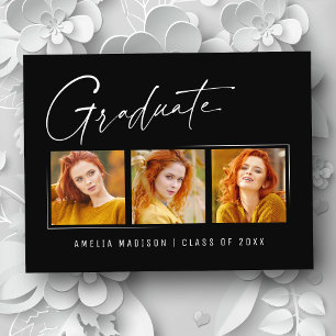 Modern Minimalist Elegant Ink Script 3 Photo Grad Postcard