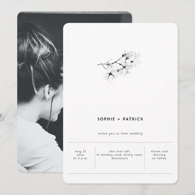 Modern Minimalist Elegant Magnolias Photo Wedding Invitation (Front/Back)