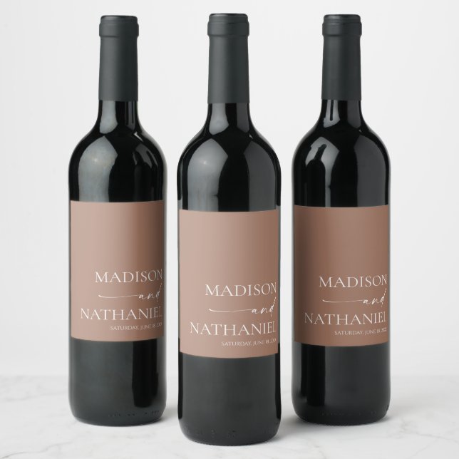 Modern Minimalist Elegant Mocha Mousse Wedding Wine Label (Bottles)