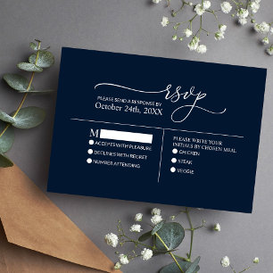Modern Minimalist Elegant Navy Blue White Wedding RSVP Card