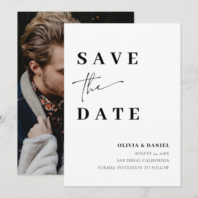 Modern Minimalist Elegant Photo Save the Date Card (Front/Back)
