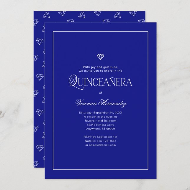 Modern Minimalist Elegant Royal Blue Quinceanera  Invitation (Front/Back)