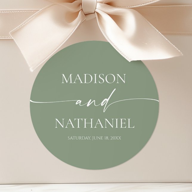 Modern Minimalist Elegant Sage Green Wedding Classic Round Sticker (Creator Uploaded)