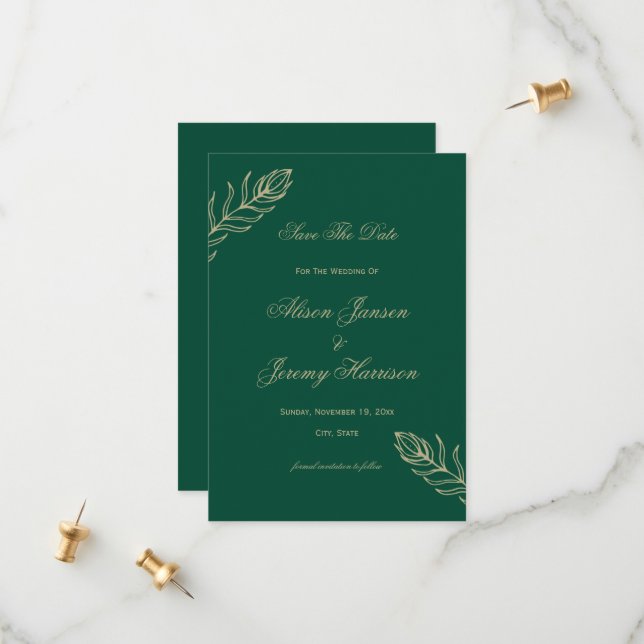 Modern Minimalist Emerald & Gold Botanical Bloom Save The Date (Front/Back In Situ)