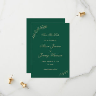 Modern Minimalist Emerald Gold Leaves And Bloom Save The Date