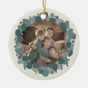 Modern minimalist eucalyptus wreath Peace & Love Ceramic Ornament
