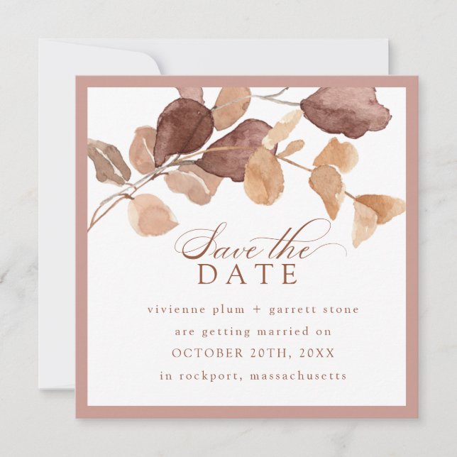Modern Minimalist Fall Leaves Save the Date Card (Front)