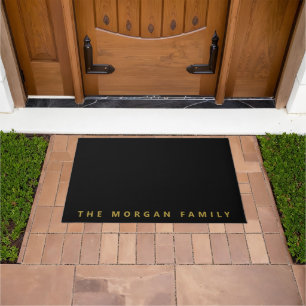 Modern Minimalist Family Name Monogram Gold Black Doormat