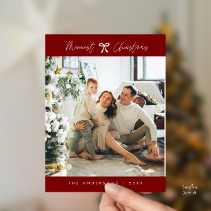Modern Minimalist Family Photo, Burgundy Bow theme Postcard