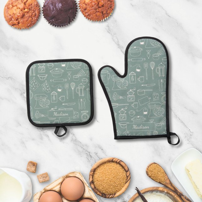 Modern Minimalist Farmhouse Kitchen Utensils Oven Mitt & Pot Holder Set (In situ)