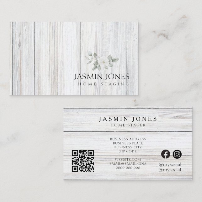 Modern Minimalist Farmhouse Rustic Wood QR Code Business Card (Front/Back)
