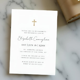 Modern Minimalist Faux Gold Cross Memorial Funeral Invitation