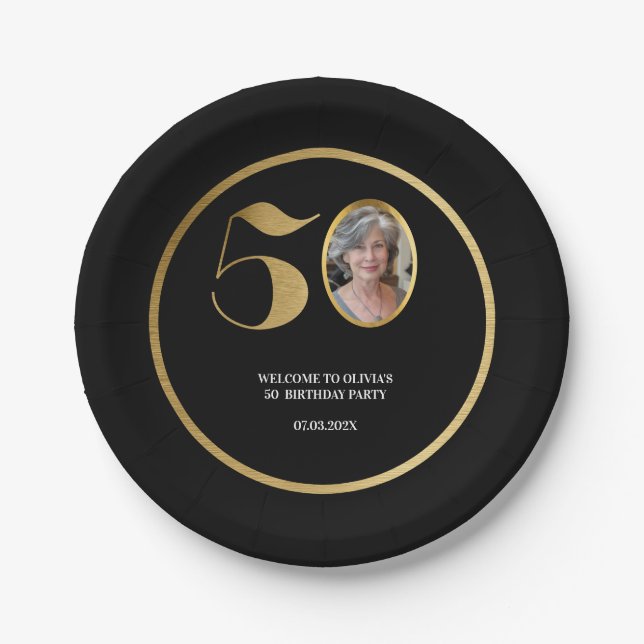 Modern minimalist faux gold glitter 50th birthday paper plate (Front)