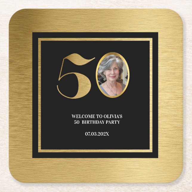 Modern minimalist faux gold glitter 50th birthday square paper coaster (Front)