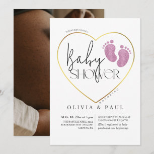 Modern & minimalist Feet Glitter Baby Girl Shower  Invitation
