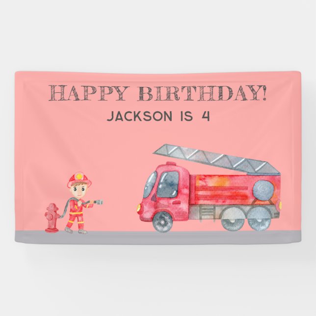 Modern Minimalist Fireman Firetruck birthday Banner (Horizontal)