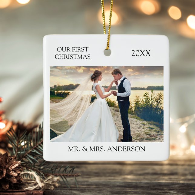 Modern Minimalist First Christmas Photo Wedding Ceramic Ornament (Photo on Front & Back)