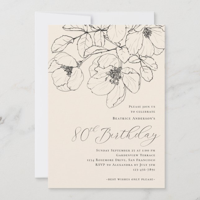 Modern Minimalist Floral  80th Birthday Invitation (Front)