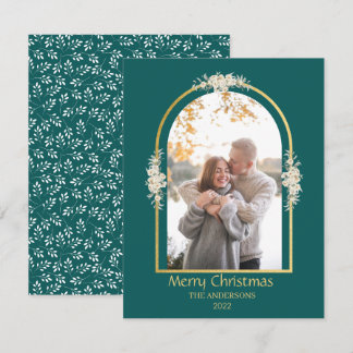 Modern Minimalist Floral Arch Photo Green Holiday Card