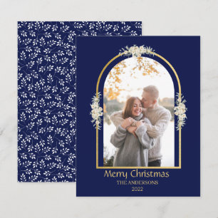 Modern Minimalist Floral Arch Photo Royal Blue  Holiday Card