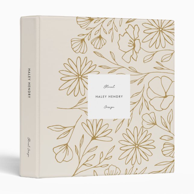 Modern Minimalist Floral Pattern Gold and Cream Binder (Front/Spine)