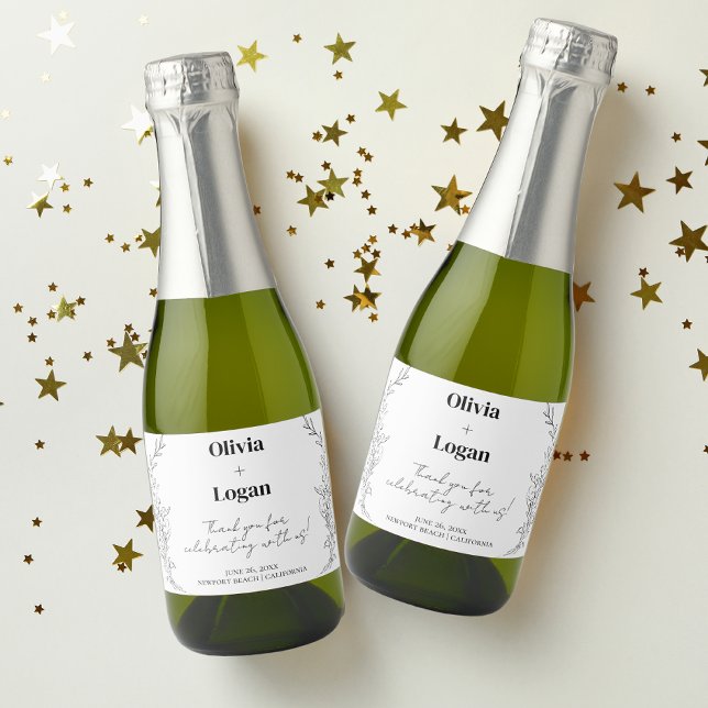 Modern Minimalist Floral Wedding Thank You Mini Sparkling Wine Label (Creator Uploaded)