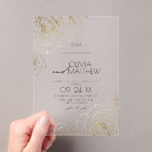 Modern Minimalist Flowers Gold Rose Wedding Acrylic Invitations