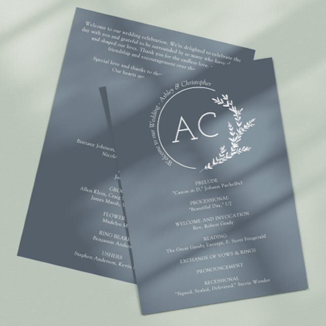 Modern Minimalist Foliage Slate Grey Wedding Program (Creator Uploaded)