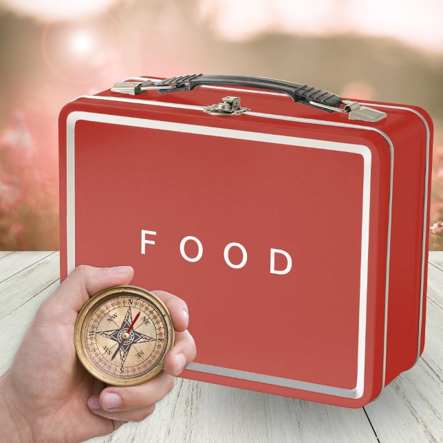 Modern Minimalist Food Personalized Name on Back Metal Lunch Box (A retro metal lunch box in red with 'Food' in simple capital letters)