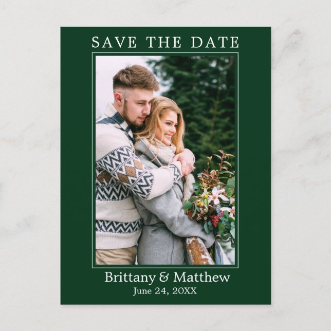 Modern Minimalist Forest Green Save the Date Postcard (Front)