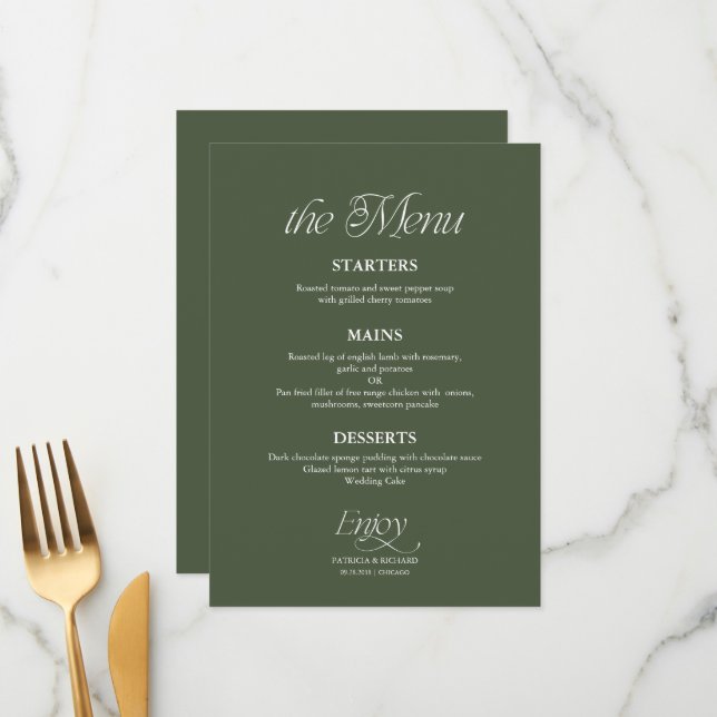 Modern Minimalist Forest Green Wedding Menu (Front/Back In Situ)