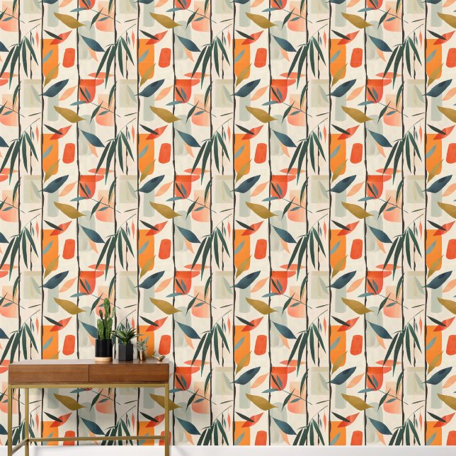 Modern Minimalist Geometric Bamboo Leaf Pattern Wallpaper (Hallway)