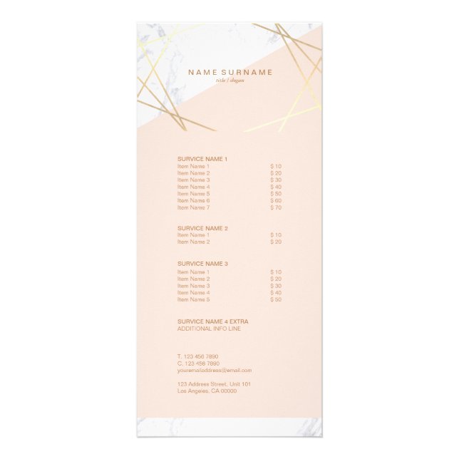 Modern Minimalist Geometric Marble Gold Light Pink Rack Card (Front)