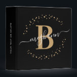 Modern Minimalist Girly Black Gold Name Monogram Binder<br><div class="desc">Girly, modern, elegant, trendy, black and gold monogram initial name script custom personalized monogrammed 3 ring binder. Featuring a monogram initial and a girly name script in a hand lettered calligraphy swash tail font and dotted circle frame around your monogram. Perfect feminine gift for girls, sister, mother, back to school,...</div>