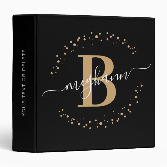 Modern Minimalist Girly Black Gold Name Monogram Binder (Front/Spine)