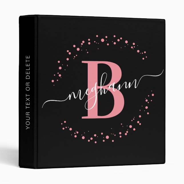 Modern Minimalist Girly Pink Black Name Monogram 3 Binder (Front/Spine)